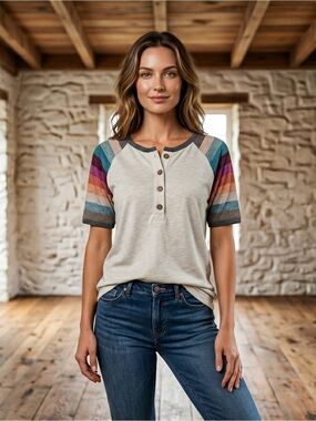 Cute & Comfortable Cream Boho Henley Tee with Multicolor Stripe Raglan Sleeves